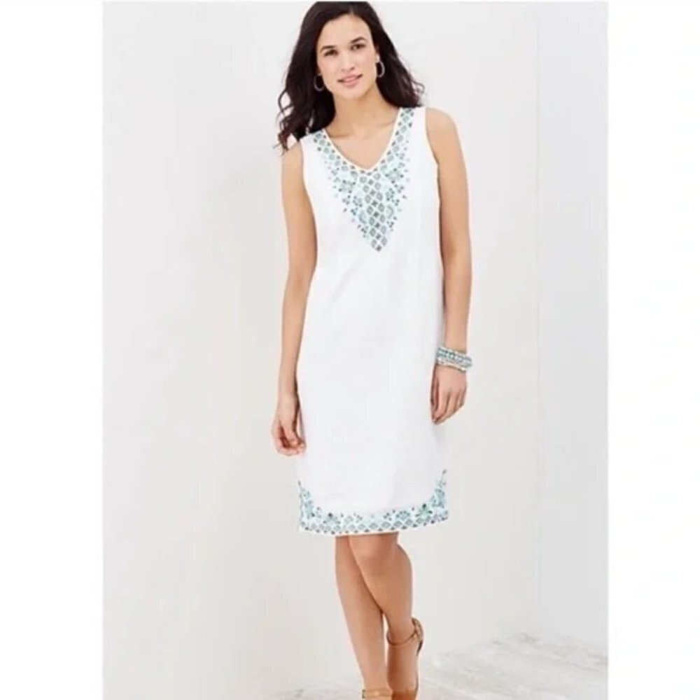 J.JILL Love Linen White Embroidered 100% Linen Dress Sz M